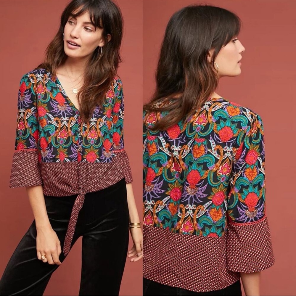 Maeve Anthropologie Carter blouse floral patchwork tie front top Sz 6